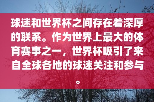 球迷和世界杯之间存在着深厚的联系。作为世界上最大的体育赛事之一，世界杯吸引了来自全球各地的球迷关注和参与。