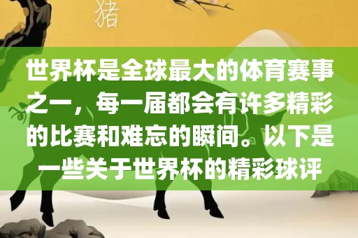 世界杯是全球最大的体育赛事之一，每一届都会有许多精彩的比赛和难忘的瞬间。以下是一些关于世界杯的精彩球评