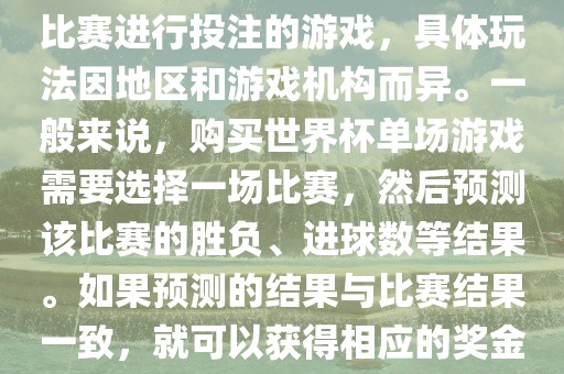 世界杯单场游戏是指针对单场比赛进行投注的游戏，具体玩法因地区和游戏机构而异。一般来说，购买世界杯单场游戏需要选择一场比赛，然后预测该比赛的胜负、进球数等结果。如果预测的结果与比赛结果一致，就可以获得相应的奖金。