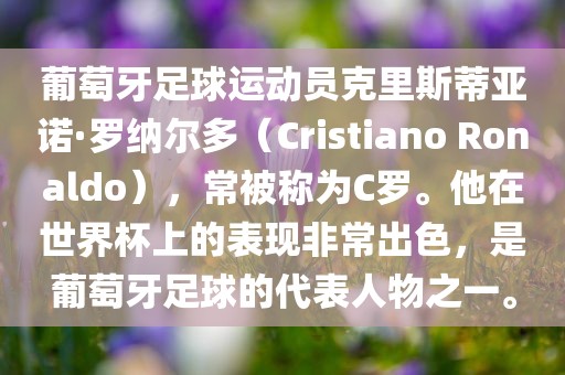 葡萄牙足球运动员克里斯蒂亚诺·罗纳尔多（Cristiano Ronaldo），常被称为C罗。他在世界杯上的表现非常出色，是葡萄牙足球的代表人物之一。