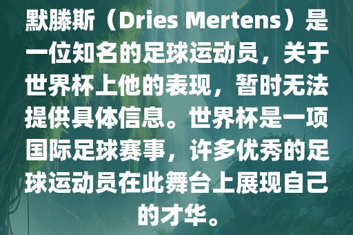 默滕斯（Dries Mertens）是一位知名的足球运动员，关于世界杯上他的表现，暂时无法提供具体信息。世界杯是一项国际足球赛事，许多优秀的足球运动员在此舞台上展现自己的才华。