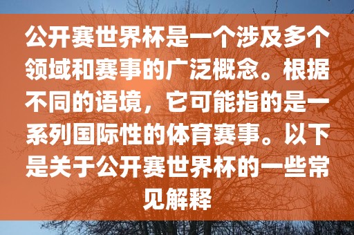公开赛世界杯是一个涉及多个领域和赛事的广泛概念。根据不同的语境，它可能指的是一系列国际性的体育赛事。以下是关于公开赛世界杯的一些常见解释