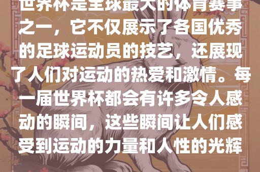 世界杯是全球最大的体育赛事之一，它不仅展示了各国优秀的足球运动员的技艺，还展现了人们对运动的热爱和激情。每一届世界杯都会有许多令人感动的瞬间，这些瞬间让人们感受到运动的力量和人性的光辉。