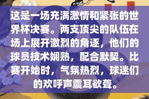 这是一场充满激情和紧张的世界杯决赛。两支顶尖的队伍在场上展开激烈的角逐，他们的球员技术娴熟，配合默契。比赛开始时，气氛热烈，球迷们的欢呼声震耳欲聋。