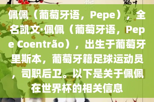 佩佩（葡萄牙语，Pepe），全名凯文·佩佩（葡萄牙语，Pepe Coentr?o），出生于葡萄牙里斯本，葡萄牙籍足球运动员，司职后卫。以下是关于佩佩在世界杯的相关信息