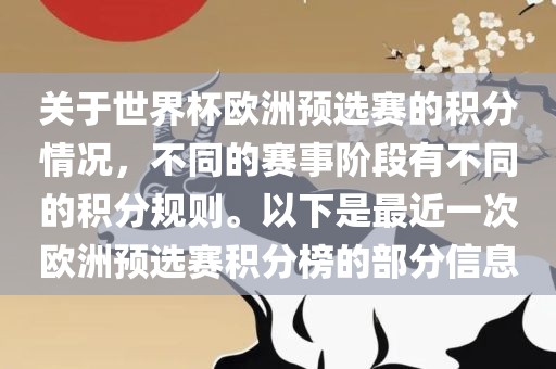 关于世界杯欧洲预选赛的积分情况，不同的赛事阶段有不同的积分规则。以下是最近一次欧洲预选赛积分榜的部分信息