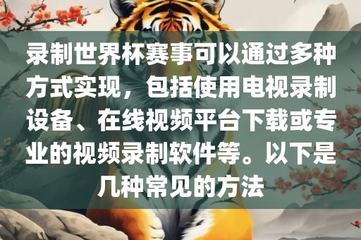 录制世界杯赛事可以通过多种方式实现，包括使用电视录制设备、在线视频平台下载或专业的视频录制软件等。以下是几种常见的方法