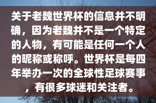 关于老魏世界杯的信息并不明确，因为老魏并不是一个特定的人物，有可能是任何一个人的昵称或称呼。世界杯是每四年举办一次的全球性足球赛事，有很多球迷和关注者。