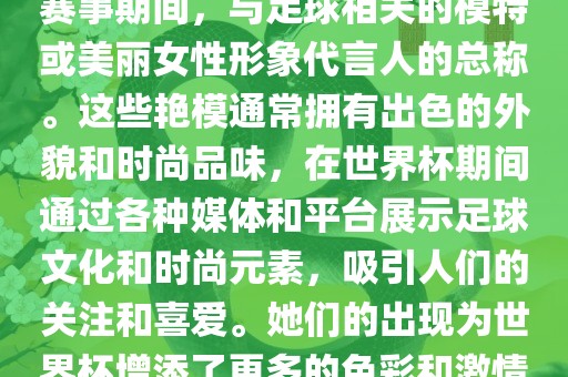 世界杯艳模是指在世界杯足球赛事期间，与足球相关的模特或美丽女性形象代言人的总称。这些艳模通常拥有出色的外貌和时尚品味，在世界杯期间通过各种媒体和平台展示足球文化和时尚元素，吸引人们的关注和喜爱。她们的出现为世界杯增添了更多的色彩和激情。