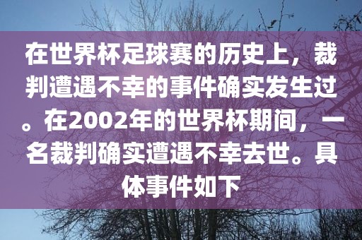 在世界杯足球赛的历史上，裁判遭遇不幸的事件确实发生过。在2002年的世界杯期间，一名裁判确实遭遇不幸去世。具体事件如下