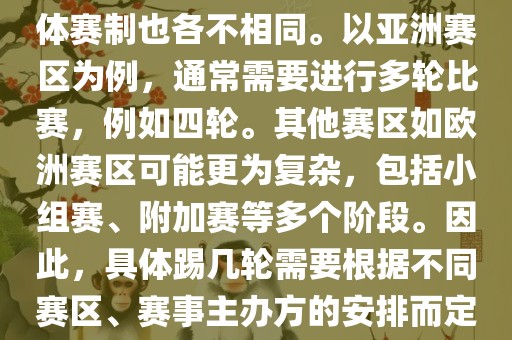 世界杯预选赛分为多个赛区，具体赛制也各不相同。以亚洲赛区为例，通常需要进行多轮比赛，例如四轮。其他赛区如欧洲赛区可能更为复杂，包括小组赛、附加赛等多个阶段。因此，具体踢几轮需要根据不同赛区、赛事主办方的安排而定。