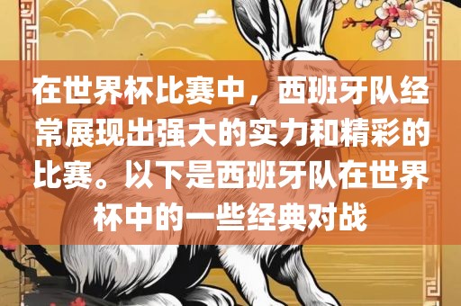 在世界杯比赛中，西班牙队经常展现出强大的实力和精彩的比赛。以下是西班牙队在世界杯中的一些经典对战