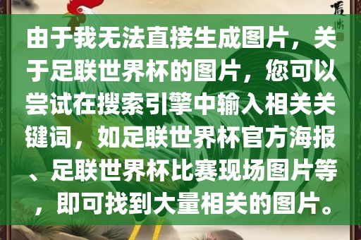 由于我无法直接生成图片，关于足联世界杯的图片，您可以尝试在搜索引擎中输入相关关键词，如足联世界杯官方海报、足联世界杯比赛现场图片等，即可找到大量相关的图片。