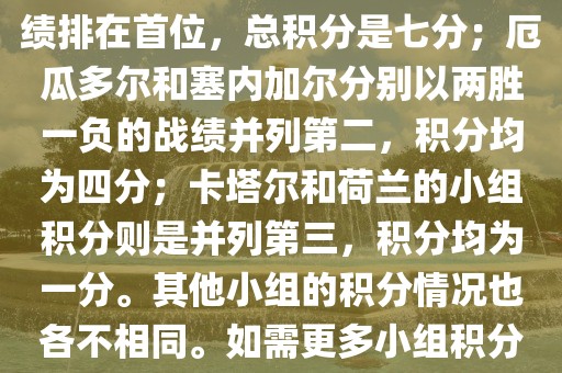 在小组积分方面，例如A组的积分情况如下，荷兰以全胜的战绩排在首位，总积分是七分；厄瓜多尔和塞内加尔分别以两胜一负的战绩并列第二，积分均为四分；卡塔尔和荷兰的小组积分则是并列第三，积分均为一分。其他小组的积分情况也各不相同。如需更多小组积分情况，可以访问各大体育新闻网站获取最新资讯。