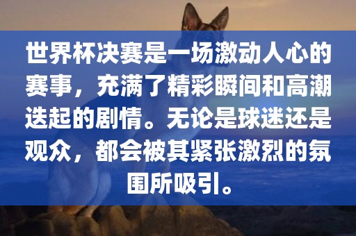世界杯决赛是一场激动人心的赛事，充满了精彩瞬间和高潮迭起的剧情。无论是球迷还是观众，都会被其紧张激烈的氛围所吸引。